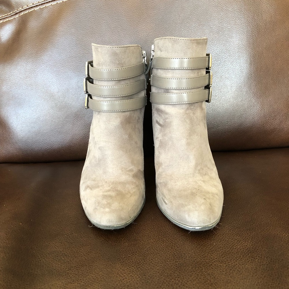 Gray heeled booties